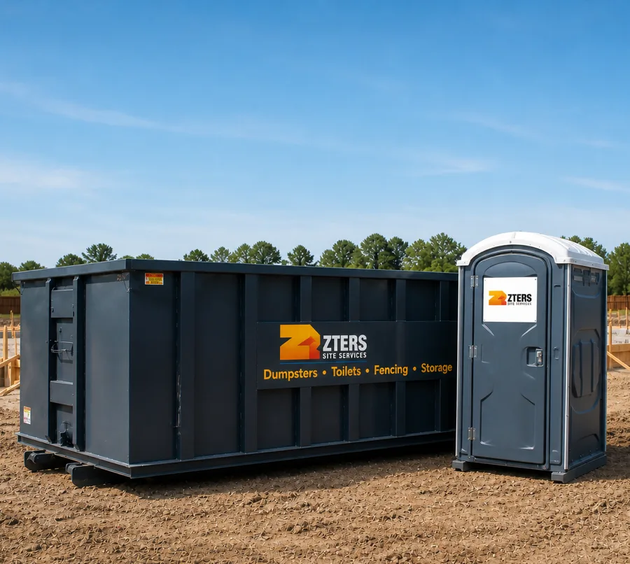 ZTERS roll-off dumpster and portable toilet on a residential construction site